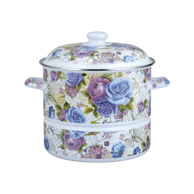 756D rustfritt stål rund felgdamper emalje potte med dampende brett